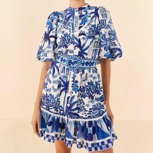 NWT Farm Rio Blue White Puff Sleeve Mini Dress Sweet Rio Size XL
